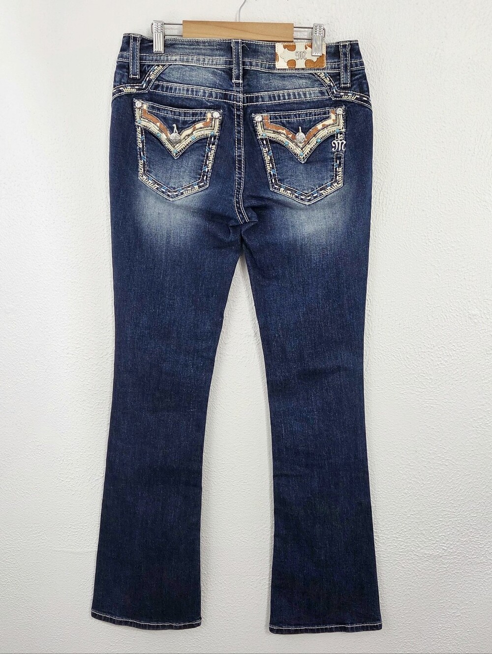 Miss Me Women's New West Cowhide Style Boot Cut Jeans turquoise studded size 28